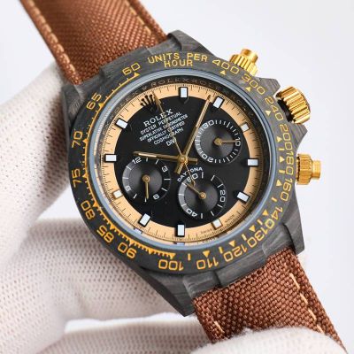 Black ROLEX Daytona Replica 40*12.4MM Carbon Fiber Case High Quality Black Dial Brown Strap Watch